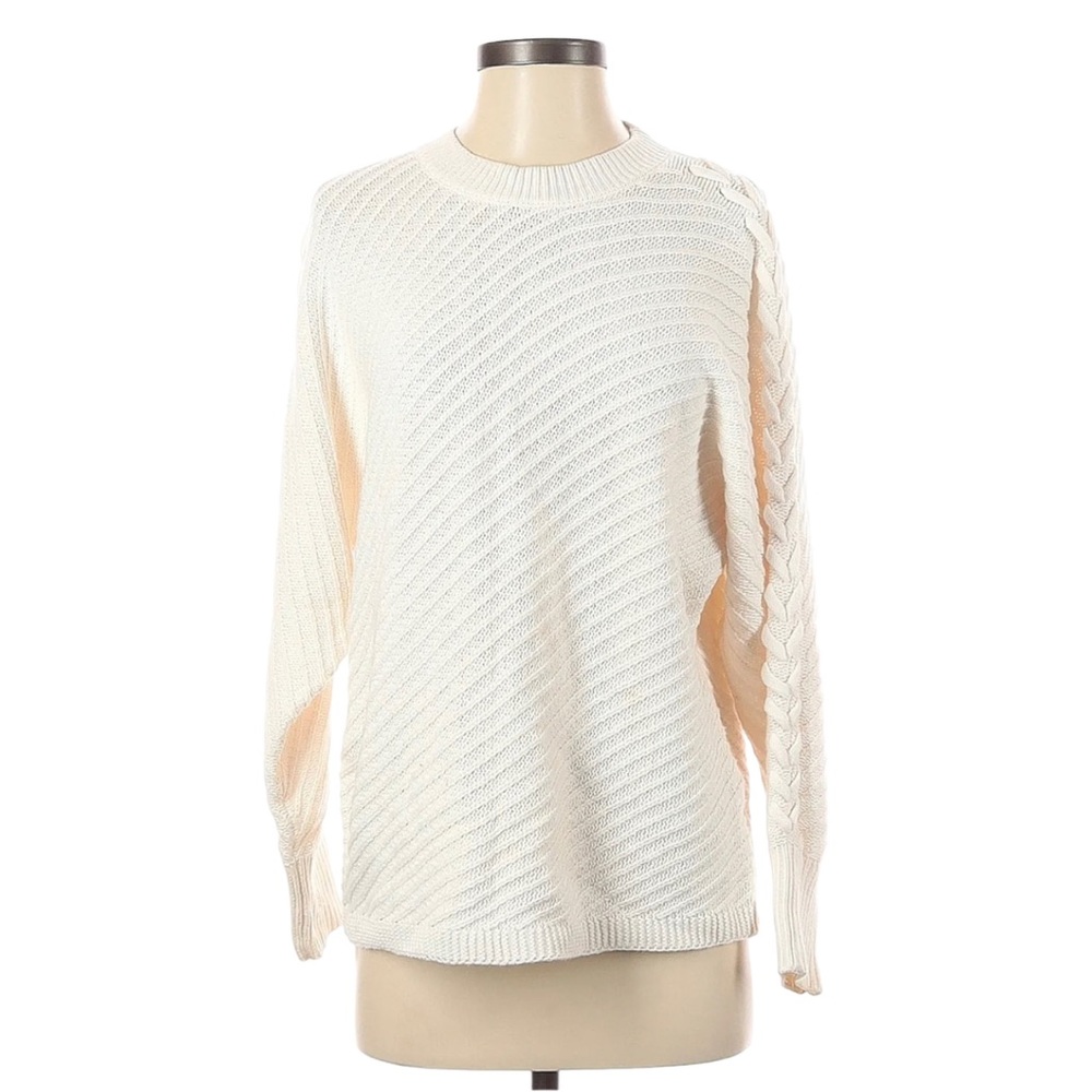 Simply Vera Wang‎ Womens Medium Sweater Angled Knit Braided Sleeve Detail White